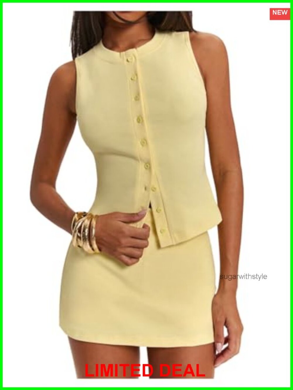 2 Piece Skirt Set Sleeveless Button Front Slim Fit Summer Casual Matching Skort
